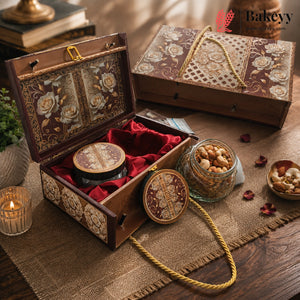 An ornate decorative wooden gift box with floral embossed panels and a red velvet interior, shown open with a matching round tin inside. A second closed box, a glass jar of nuts, and small bowls of nuts are arranged on a rustic table with a candle, books, and scattered rose petals.