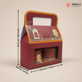 A decorative red and gold gift box with a handle, shown with dimension arrows and labels indicating 24.5 cm height, 17.