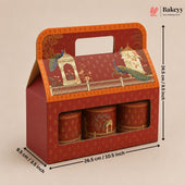 A red and orange decorative gift box with a handle, shown with printed dimensions and arrows indicating its size. The box has a window displaying three matching cylindrical tins with peacock and architectural illustrations.