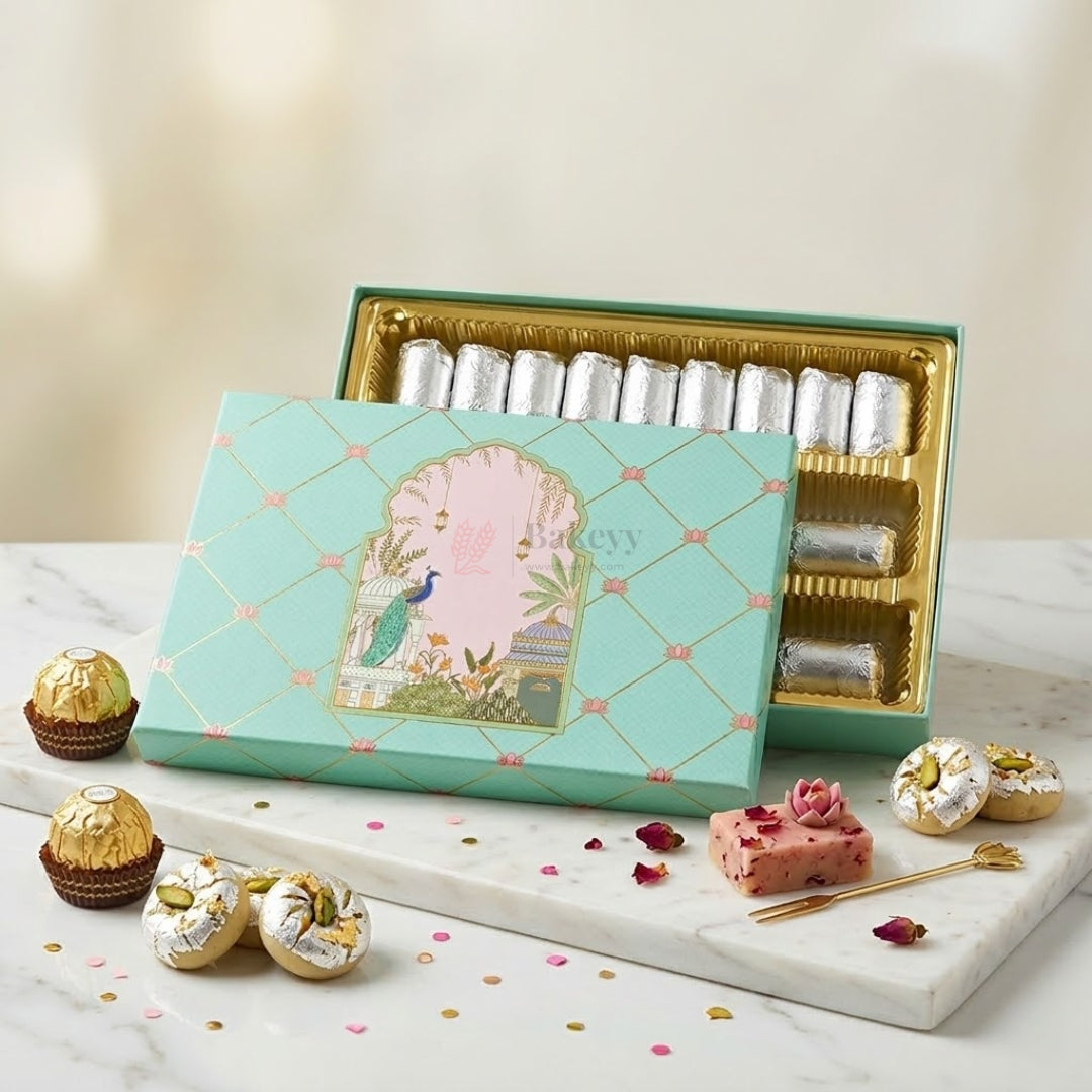 500 g | Luxury Mint Green Peacock Arch Mithai Box with Gold Foil | Lotus Pattern | 3 Cavity Long Tray | Pack of 1