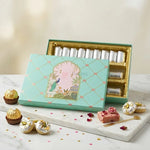 LuxuryMintGreenPeacockArchMithaiBoxwithGoldFoilLotusPattern3CavityLongSweetTray - Bakeyy.com