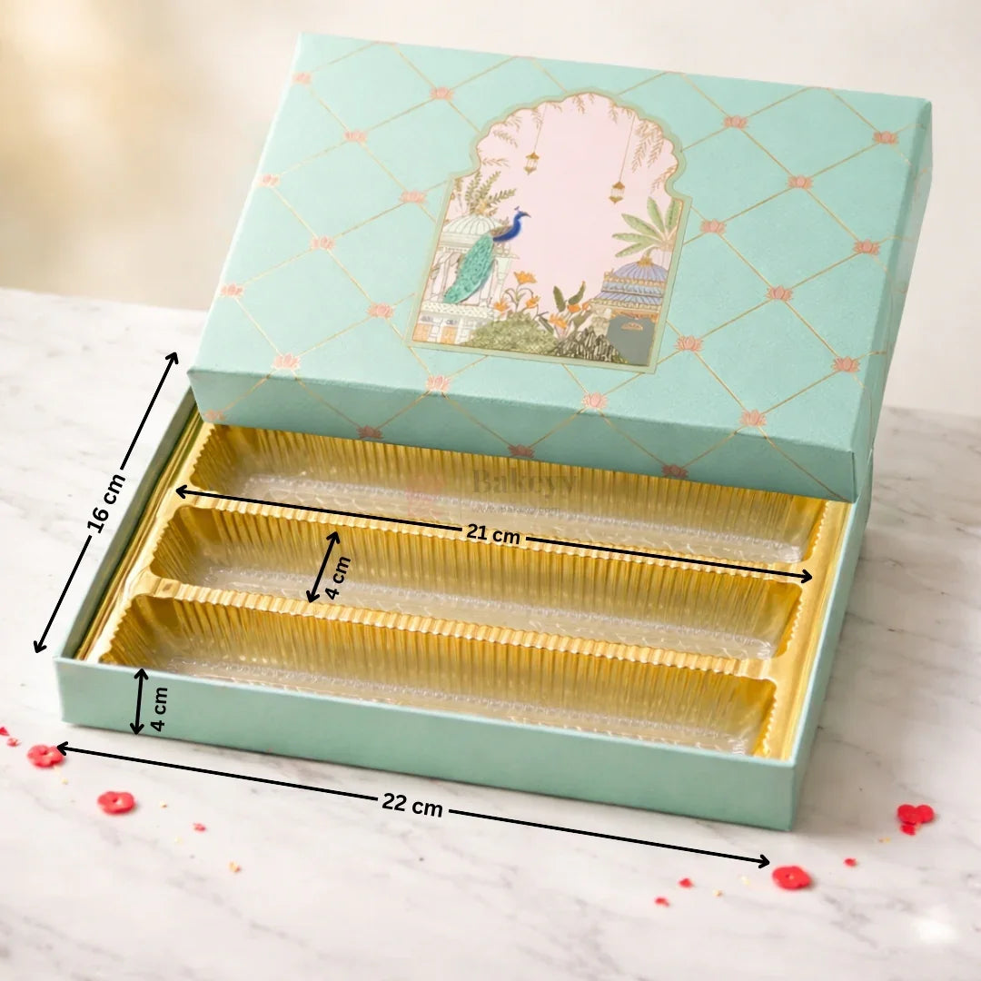 LuxuryMintGreenPeacockArchMithaiBoxwithGoldFoilLotusPattern3CavityLongSweetTray_1 - Bakeyy.com