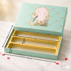LuxuryMintGreenPeacockArchMithaiBoxwithGoldFoilLotusPattern3CavityLongSweetTray_1 - Bakeyy.com