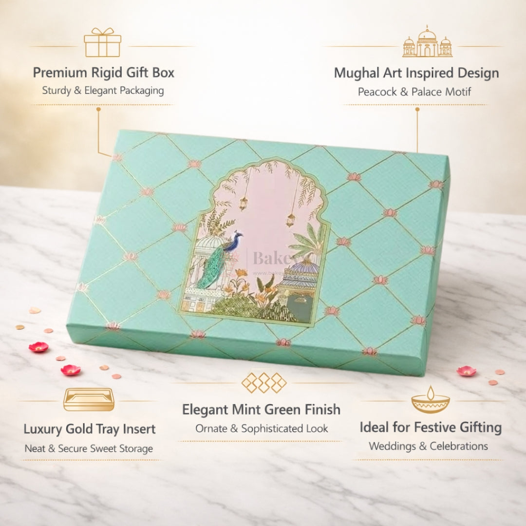 500 g | Luxury Mint Green Peacock Arch Mithai Box with Gold Foil | Lotus Pattern | 3 Cavity Long Tray | Pack of 1