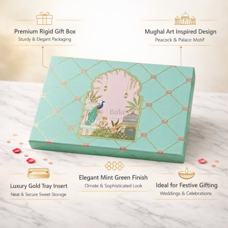 500 g | Luxury Mint Green Peacock Arch Mithai Box with Gold Foil | Lotus Pattern | 3 Cavity Long Tray | Pack of 1