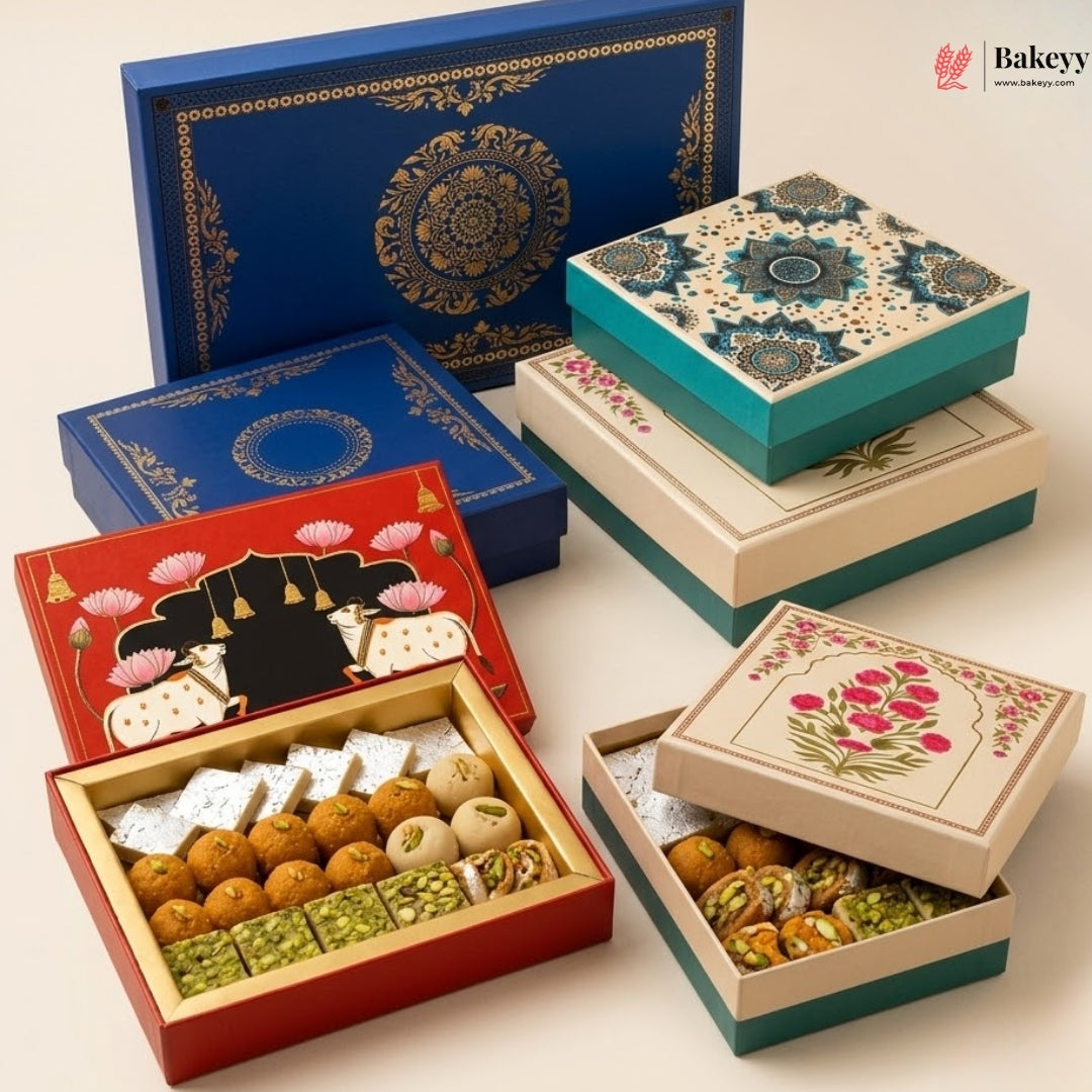 A set of decorative gift boxes for sweets and snacks, shown both closed with ornate lids and open to reveal assorted confections. The boxes are in blue, teal, cream, and red, decorated with intricate gold, floral, and traditional motifs.