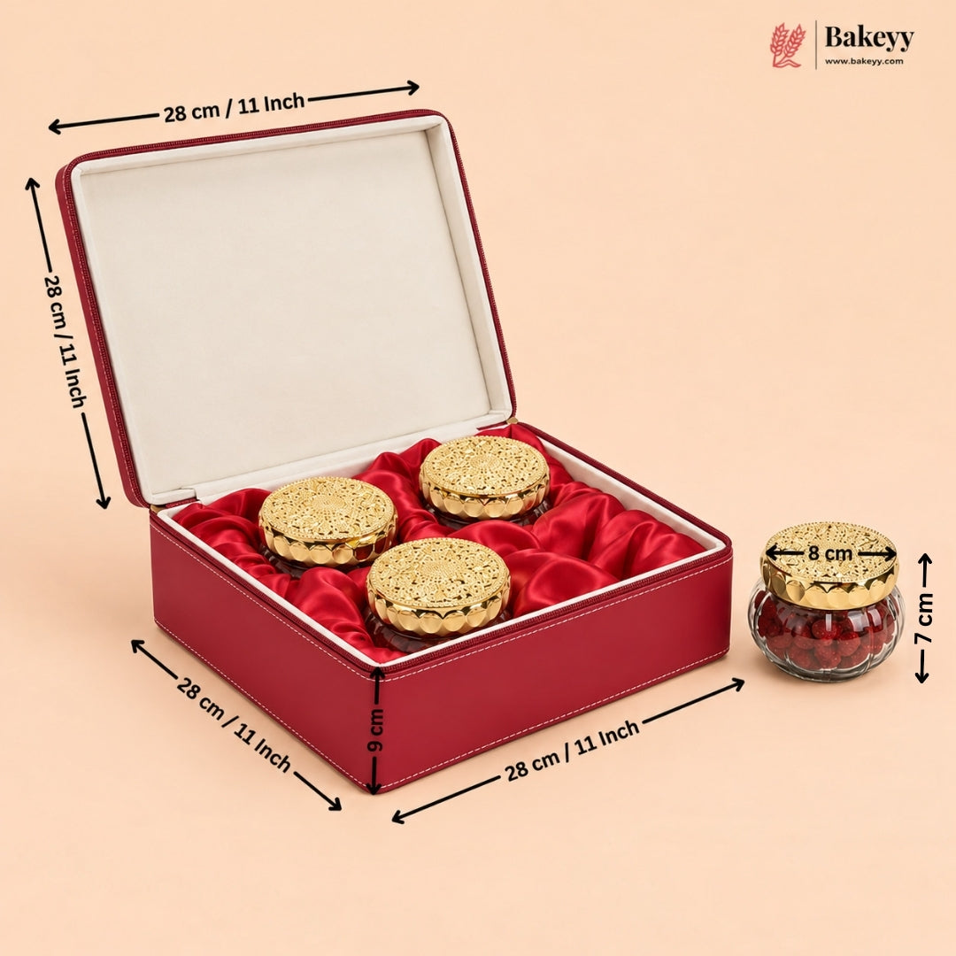 Luxury Red Leather Finish Hamper with 4 Jars | Pack of 1