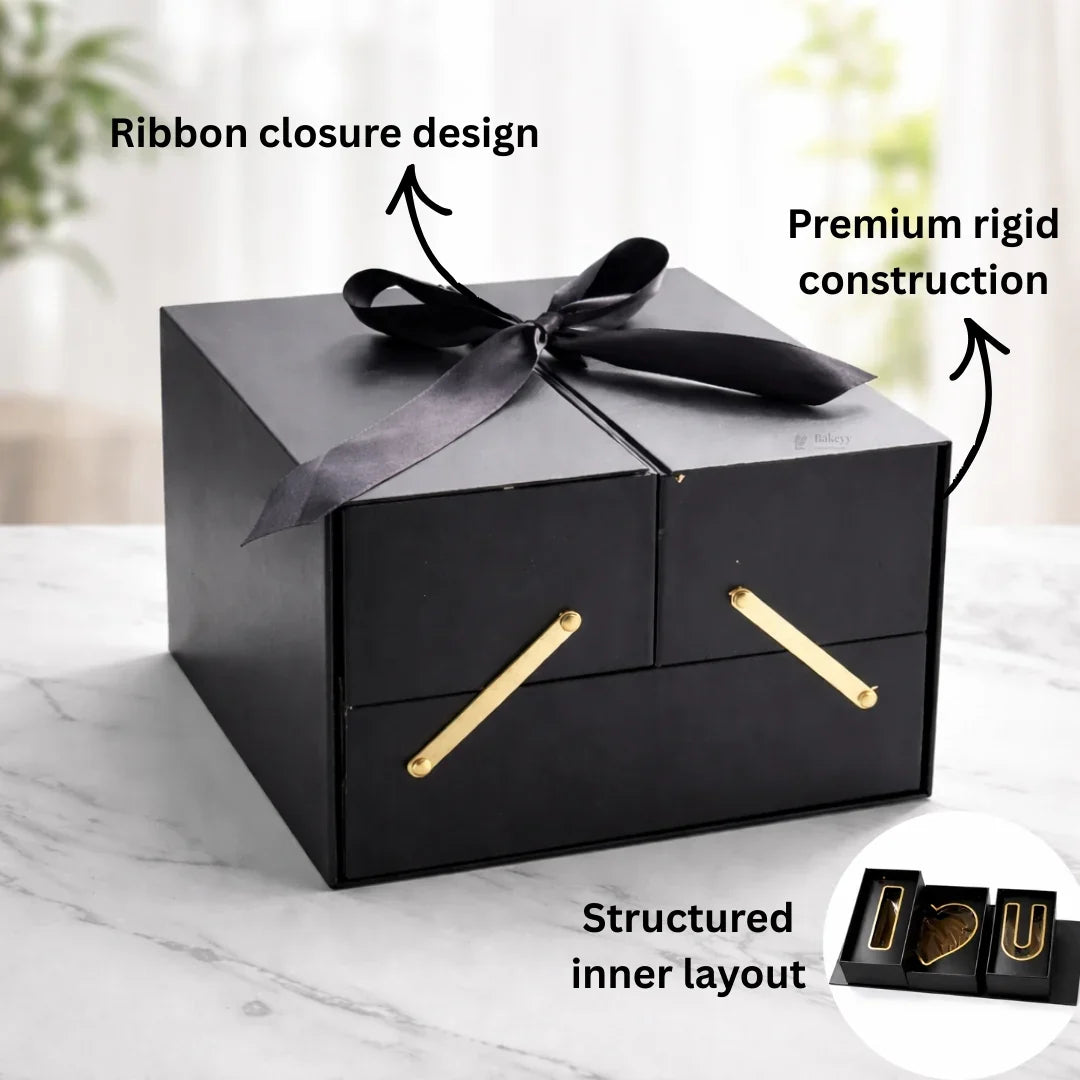 Luxury Black Multi-Compartment Gift Box with Ribbon Closure | Pack of 1