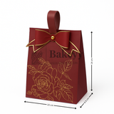 Red gift bag with gold bow and floral design, dimensions indicated.