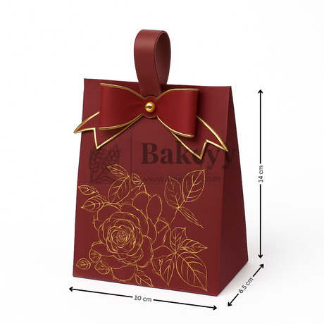 Red gift bag with gold bow and floral design, dimensions indicated.
