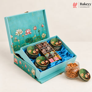 Lotus Printed MDF Hamper Box with 4 Glass Jars | With & Without Chocolate Cavity | Pack of 1