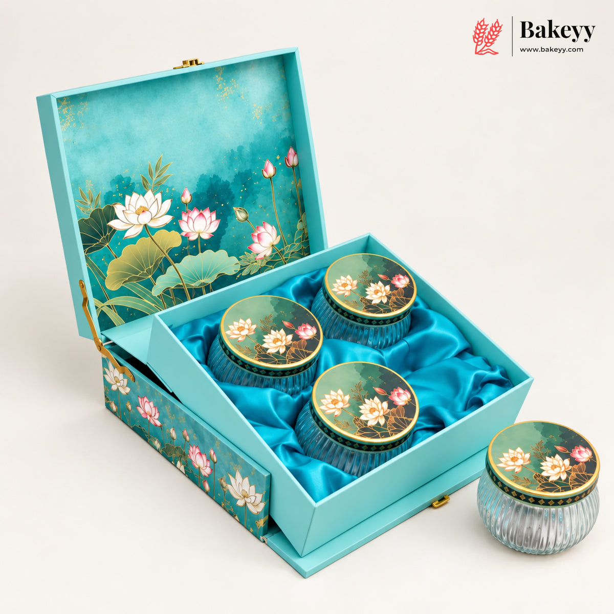 Lotus Printed MDF Hamper Box with 4 Glass Jars | With & Without Chocolate Cavity | Pack of 1