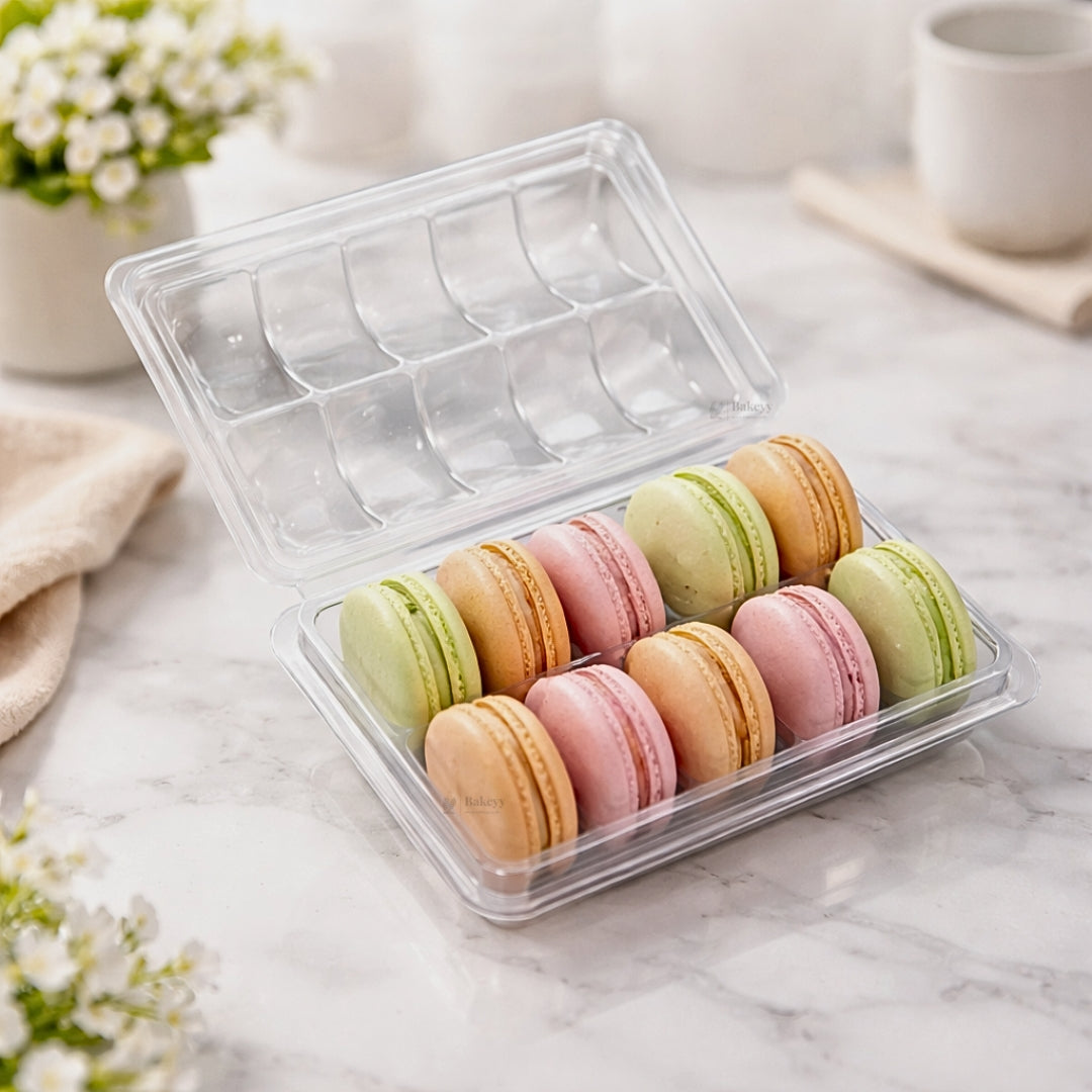 Macaron Clamshell Container with Dual Cavity Tray | 10 Cavity | Transparent Hinged Lid | Macaron Packaging Box | Pack of 25