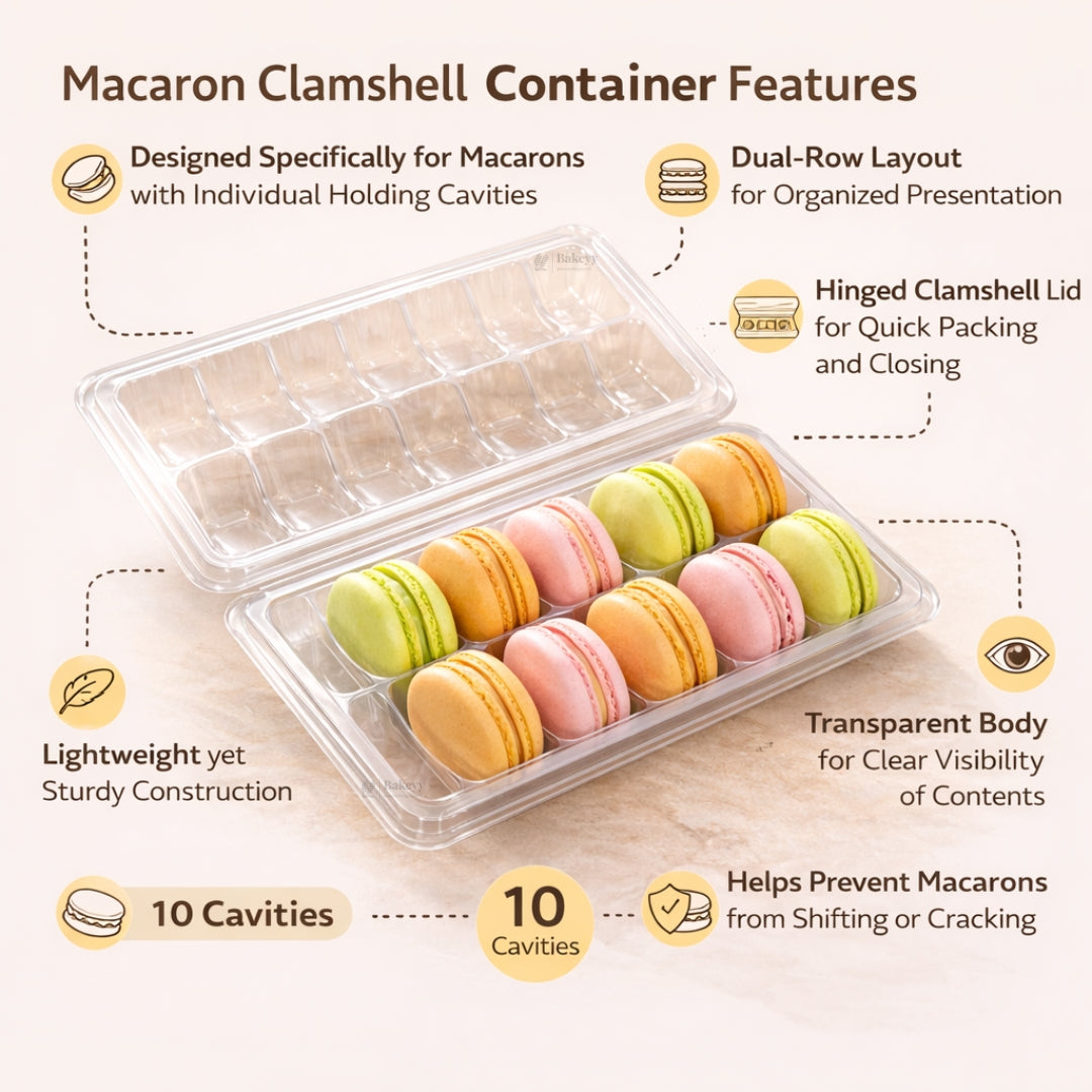 Macaron Clamshell Container with Dual Cavity Tray | 10 Cavity | Transparent Hinged Lid | Macaron Packaging Box | Pack of 25