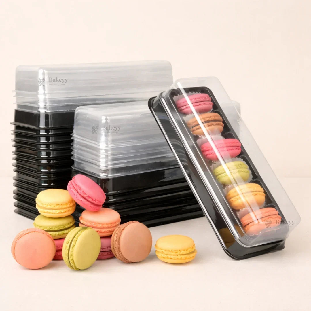 Macaron Container with Insert Tray | 6 Cavity Tray | Clear Lid with Black Base | Premium Macaron Packaging | Pack of 25