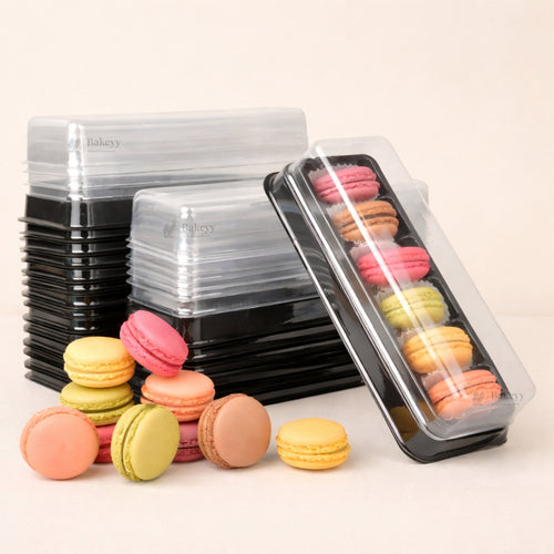 Macaron Container with Insert Tray | 6 Cavity Tray | Clear Lid with Black Base | Premium Macaron Packaging | Pack of 25
