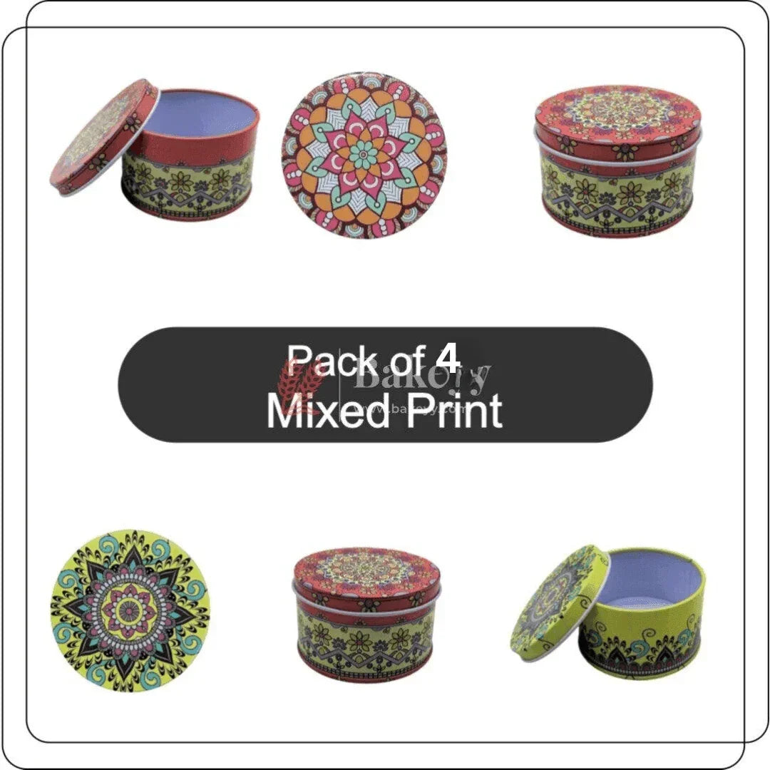 Mandal Design Empty Tin Round Shaped Boxes | Mixed Print | Pack Of 4 | - Bakeyy.com - India - Mandal Design Empty Tin Round Shaped Boxes | Mixed Print | Pack Of 4 | - Default Title