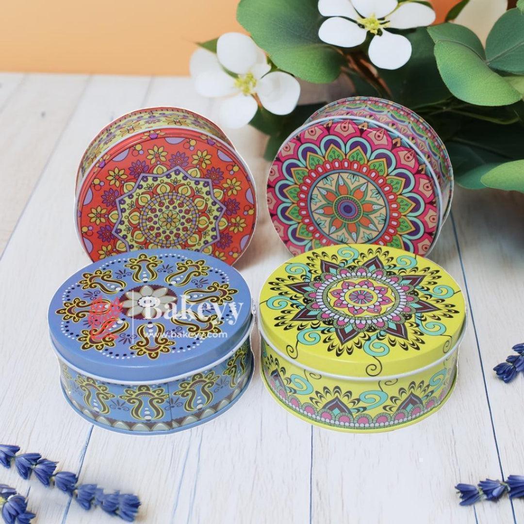 Mandal Design Empty Tin Round Shaped Boxes | Mixed Print | Pack Of 4 | - Bakeyy.com - India - Mandal Design Empty Tin Round Shaped Boxes | Mixed Print | Pack Of 4 | - Default Title