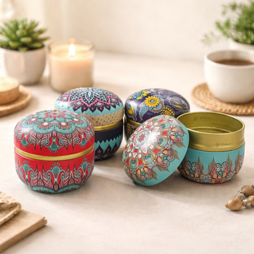 
Mandala Theme Candle Tin Box | Decorative Storage Tin | Random Design | Pack of 1
