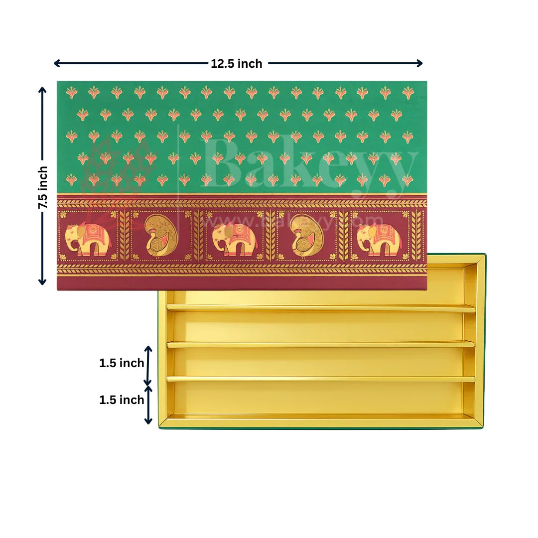 One Kg Sweet Box | 12.5x7.5x1.5 Inch | Maroon and Green Sweet and Chocolate box with Golden tray | Elephant and Peacock motifs | 1 Piece