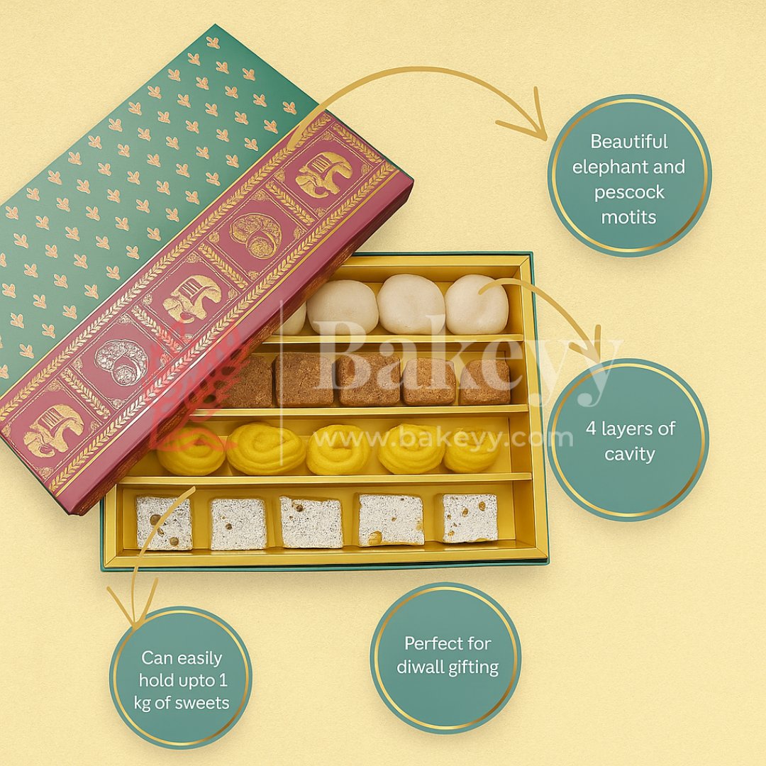One Kg Sweet Box | 12.5x7.5x1.5 Inch | Maroon and Green Sweet and Chocolate box with Golden tray | Elephant and Peacock motifs | 1 Piece