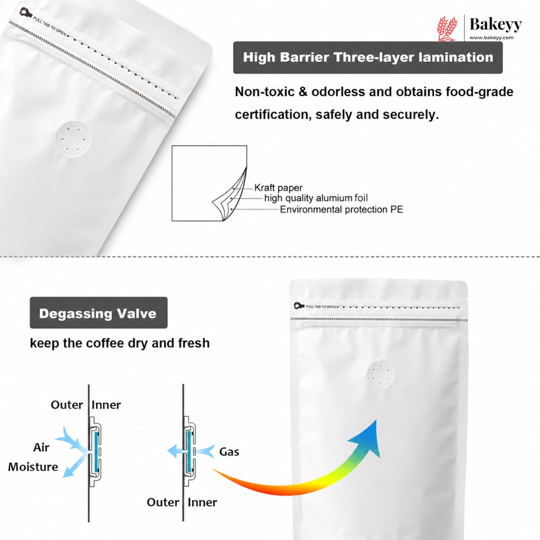 White Bakeey high barrier three-layer lamination coffee bags with a built-in degassing valve, shown with feature callouts and diagrams on a white background.