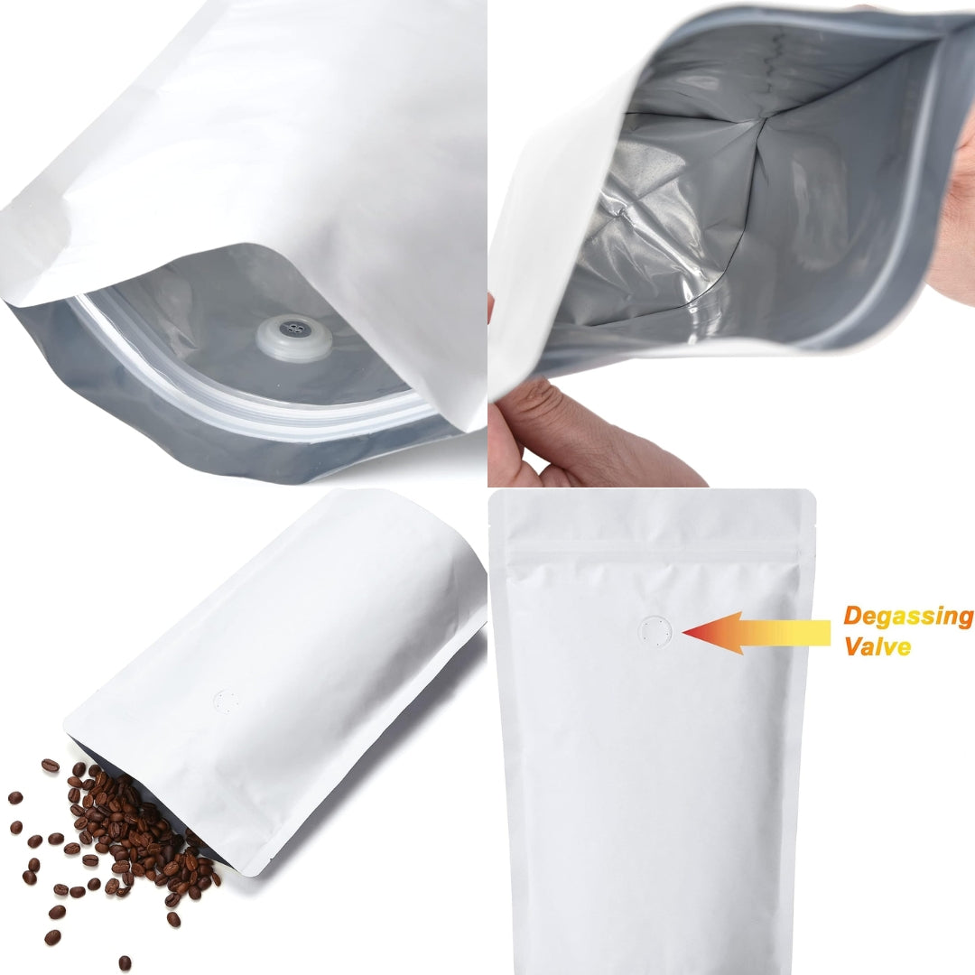 Matte White Pull Tab Zip Lock Pouch with One Way Valve | Pack of 100