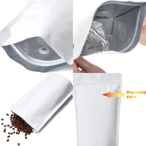 Matte White Pull Tab Zip Lock Pouch with One Way Valve | Pack of 100
