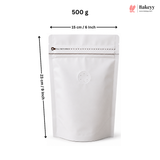 A white stand-up pouch package shown on a light gray background with measurement arrows and text indicating 500 g, 15 cm / 6 inch width, and 23 cm / 9 inch height. A Bakeey logo appears in the top right.