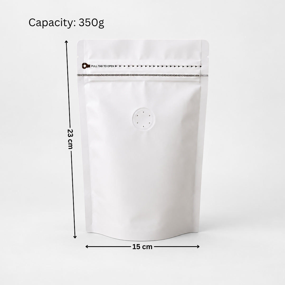 Matte White Pull Tab Zip Lock Pouch with One Way Valve | Pack of 100