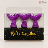 Three purple mermaid tail party candles in a clear plastic blister pack with a black base printed with the words 'Party Candles' and gold speckles. A Bakeyy logo is visible in the top right corner.