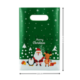 Christmas-themed gift bag with Santa Claus, reindeer, penguin, and snowflakes on a green background.