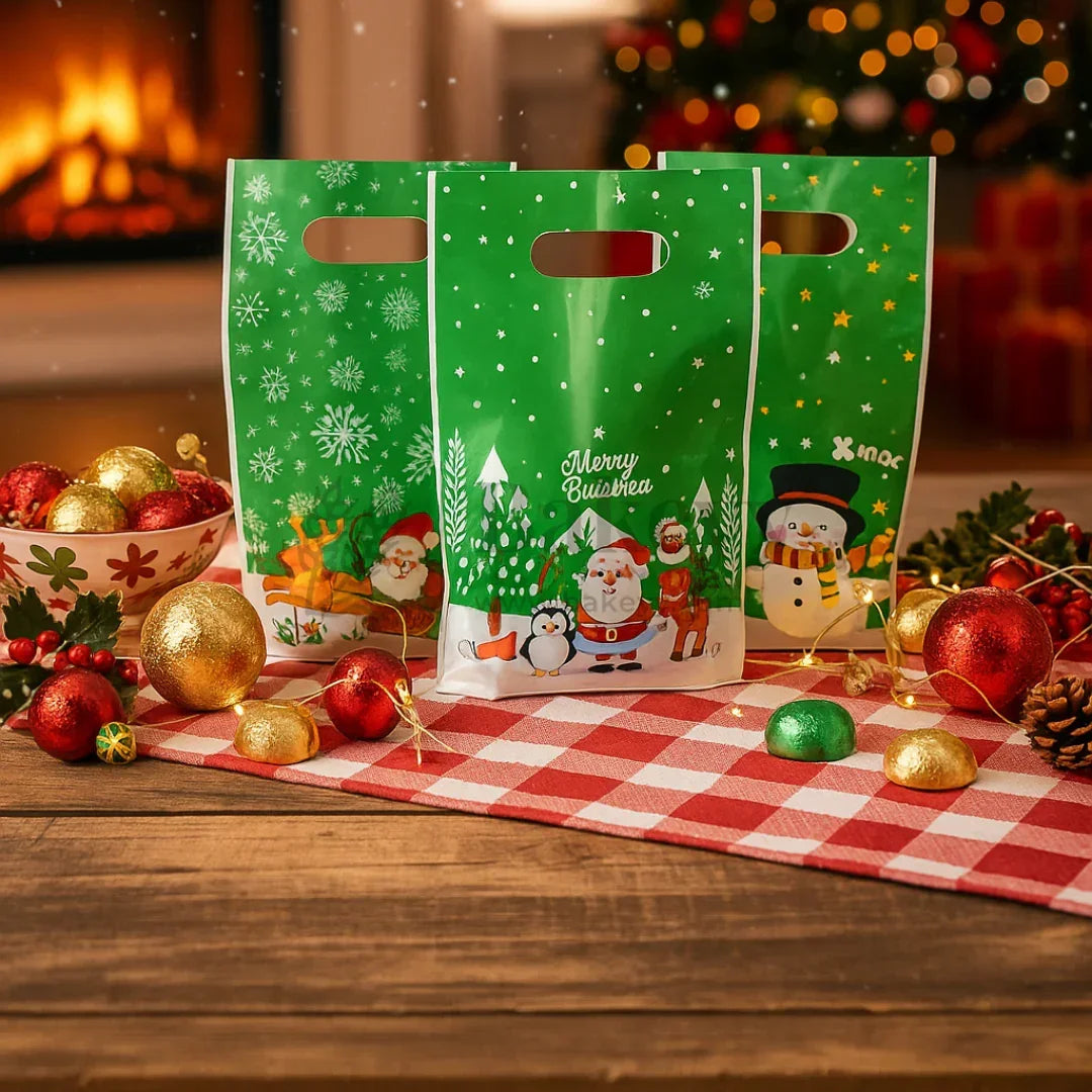 Three green Christmas gift bags with festive designs on a wooden table with holiday decorations.
