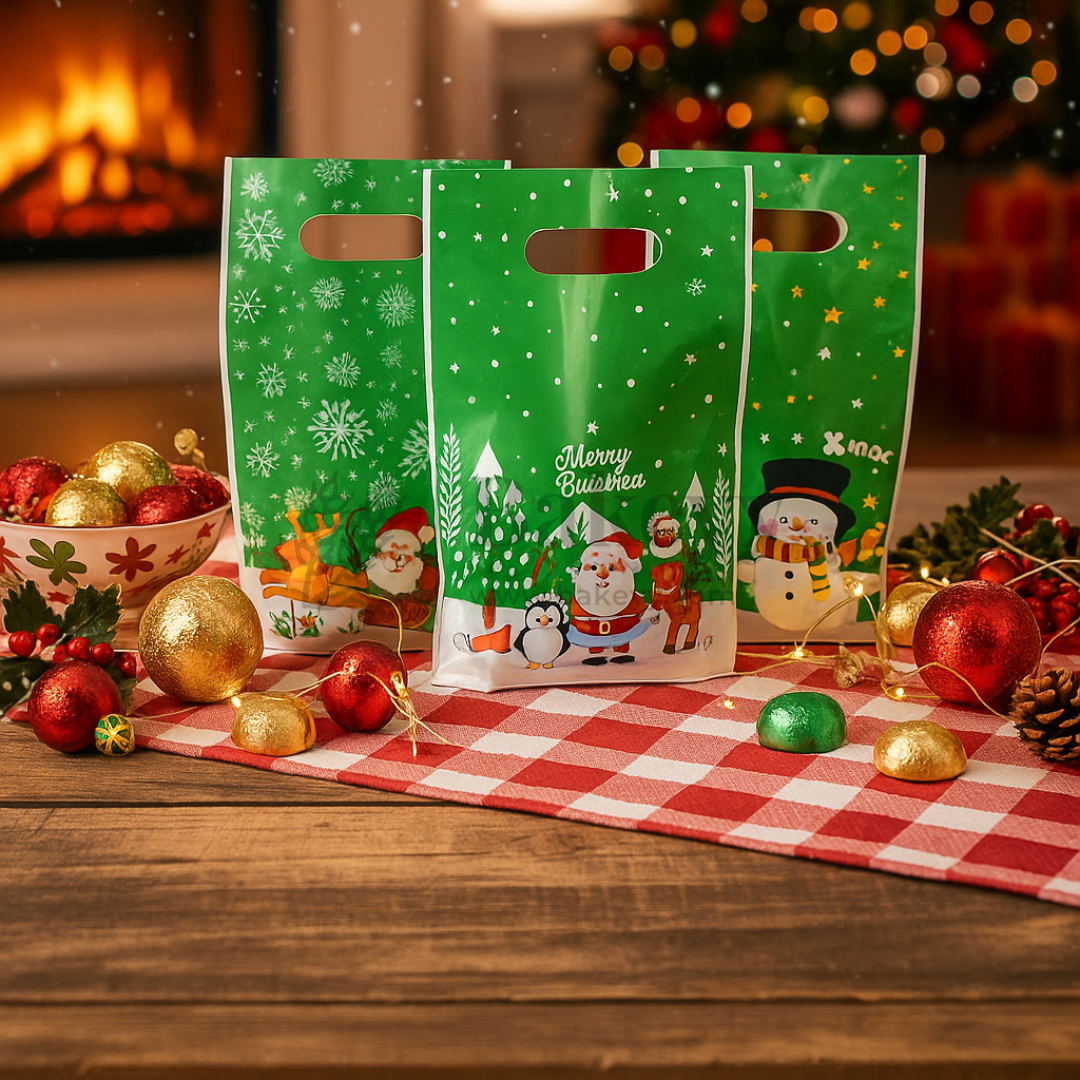 Three green Christmas gift bags with festive designs on a wooden table with holiday decorations.