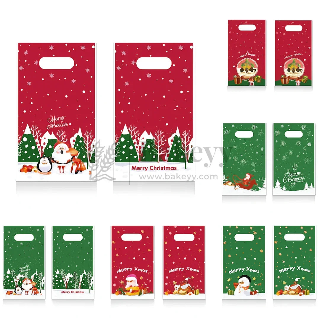 Set of Christmas-themed gift bags with festive designs on a white background.