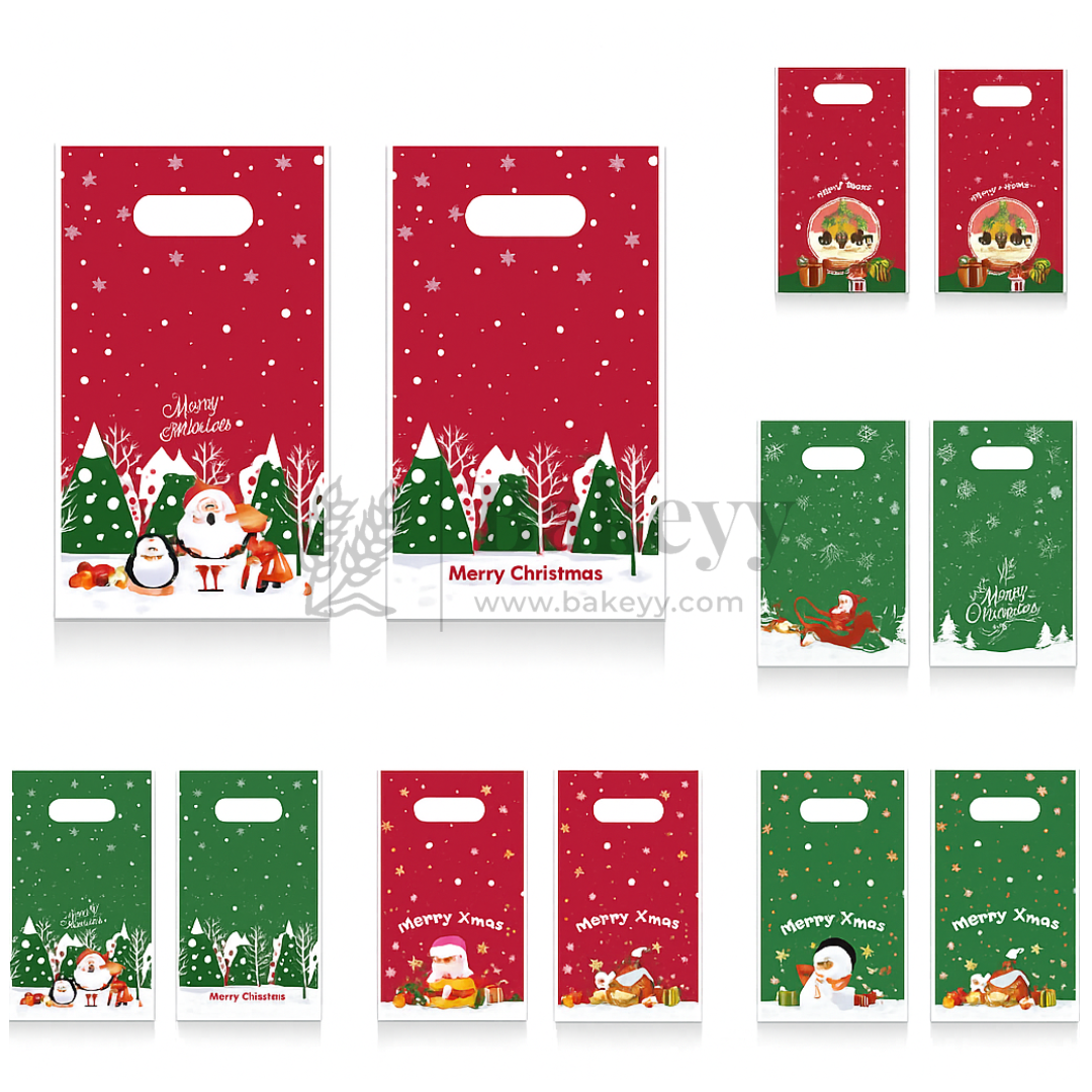 Set of Christmas-themed gift bags with festive designs on a white background.