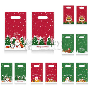 Set of Christmas-themed gift bags with festive designs on a white background.