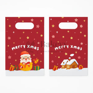 Two red Christmas-themed bags with Santa Claus and snow scenes, featuring 'merry xmas' text.