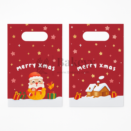 Two red Christmas-themed bags with Santa Claus and snow scenes, featuring 'merry xmas' text.