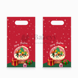 Two red Christmas gift bags with a snow globe design featuring Santa Claus, reindeer, and gifts.