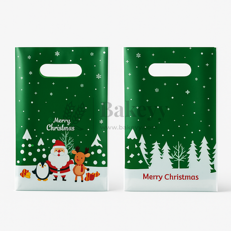 Two green Christmas-themed gift bags with Santa Claus, reindeer, penguin, and trees on a white background.