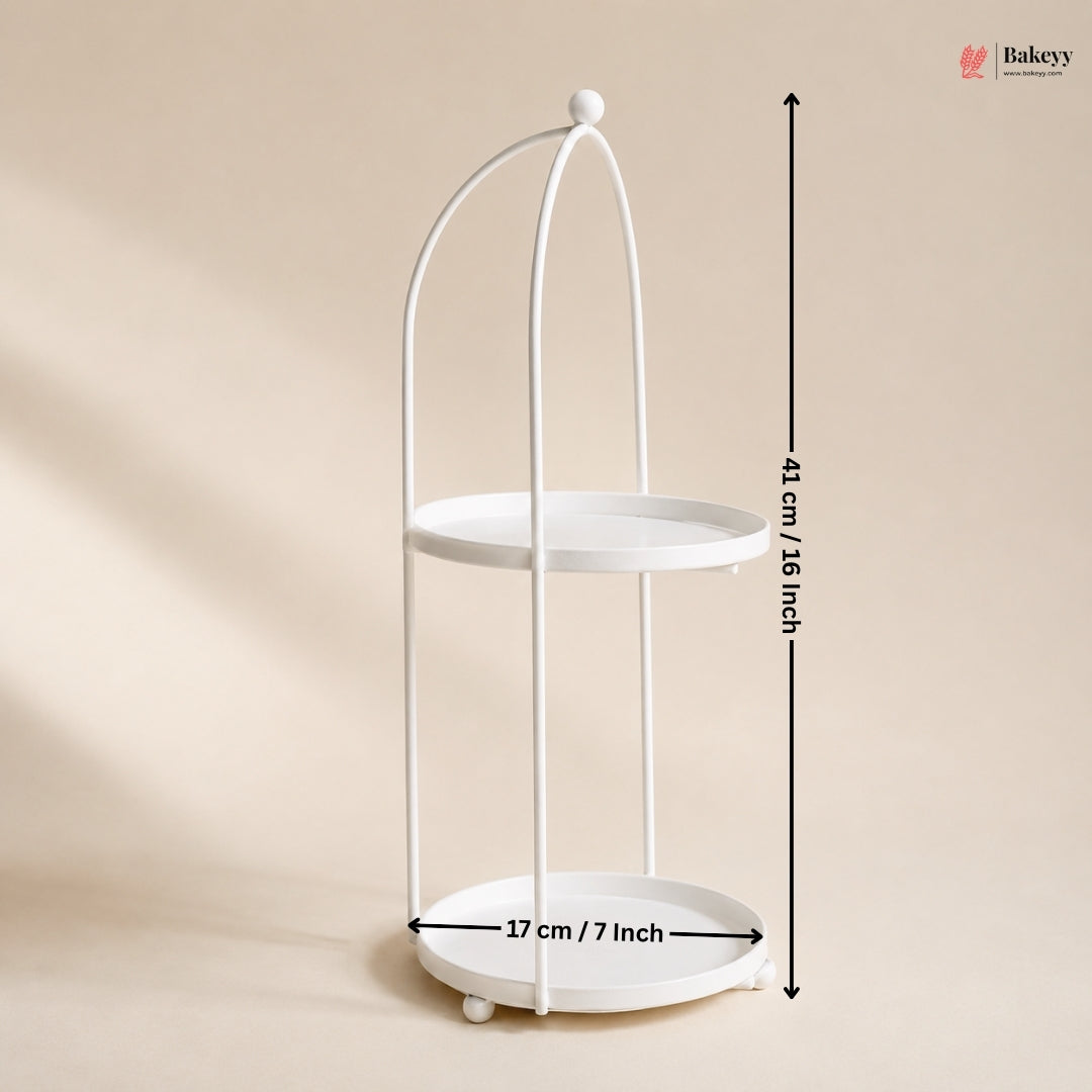 White metal stand with dimensions on a beige background