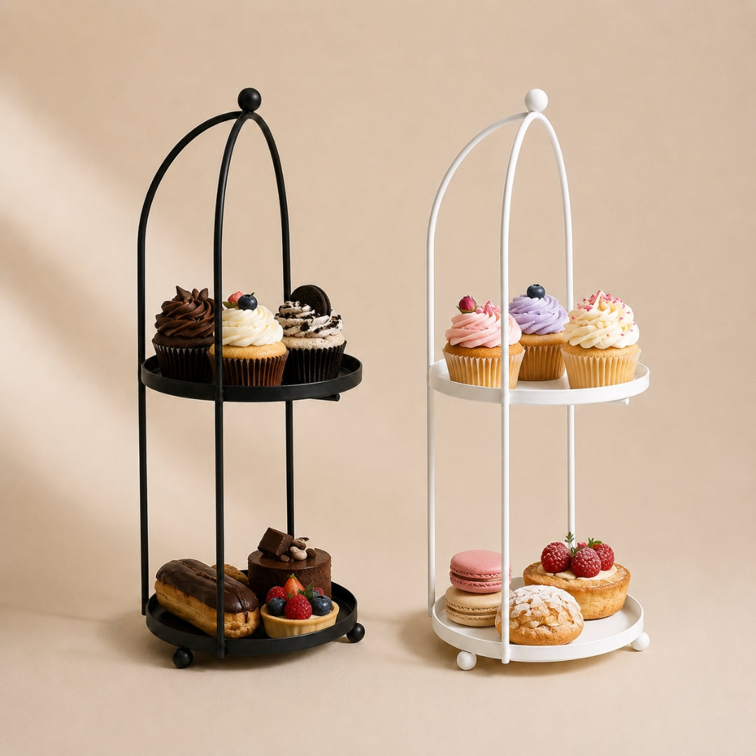 Two tiered dessert stands with pastries on a beige background
