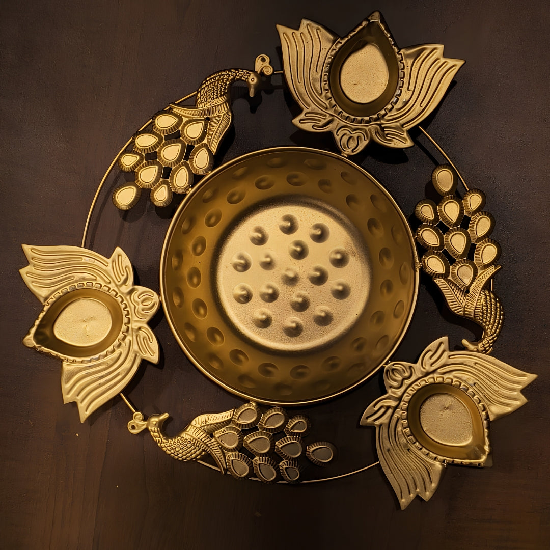 Festive Golden Urli DIya | Peacock & Lotus Design | Pack Of 1