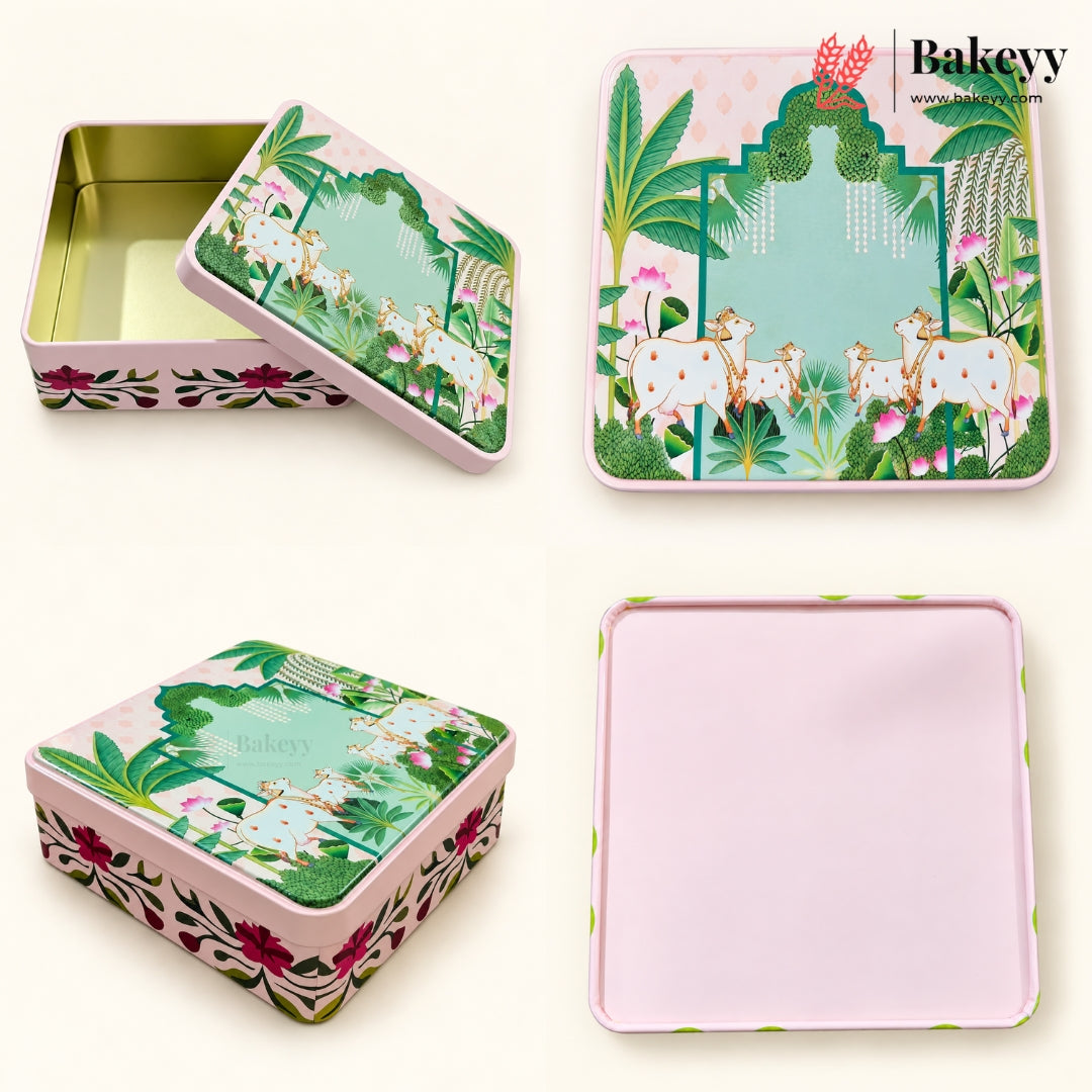 Pichwai & Floral Printed Square Tin Gift Box with Lid | 2 Designs | Pack of 4