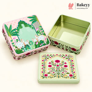 Pichwai & Floral Printed Square Tin Gift Box with Lid | 2 Designs | Pack of 4