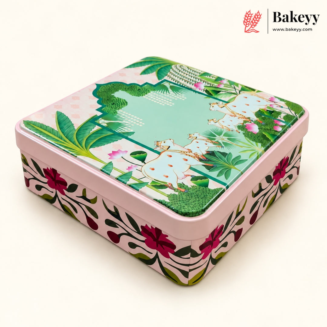 Pichwai & Floral Printed Square Tin Gift Box with Lid | 2 Designs | Pack of 4