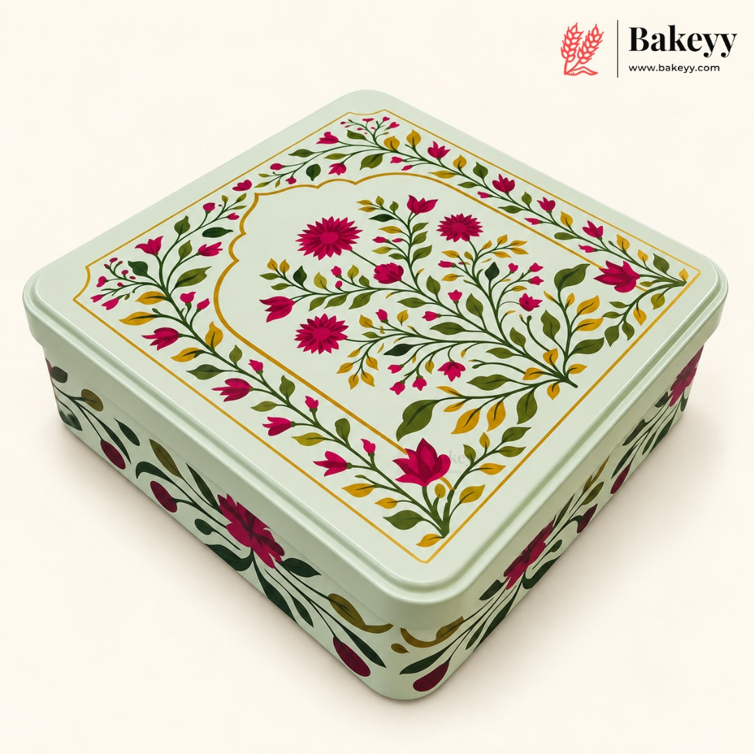 Pichwai & Floral Printed Square Tin Gift Box with Lid | 2 Designs | Pack of 4