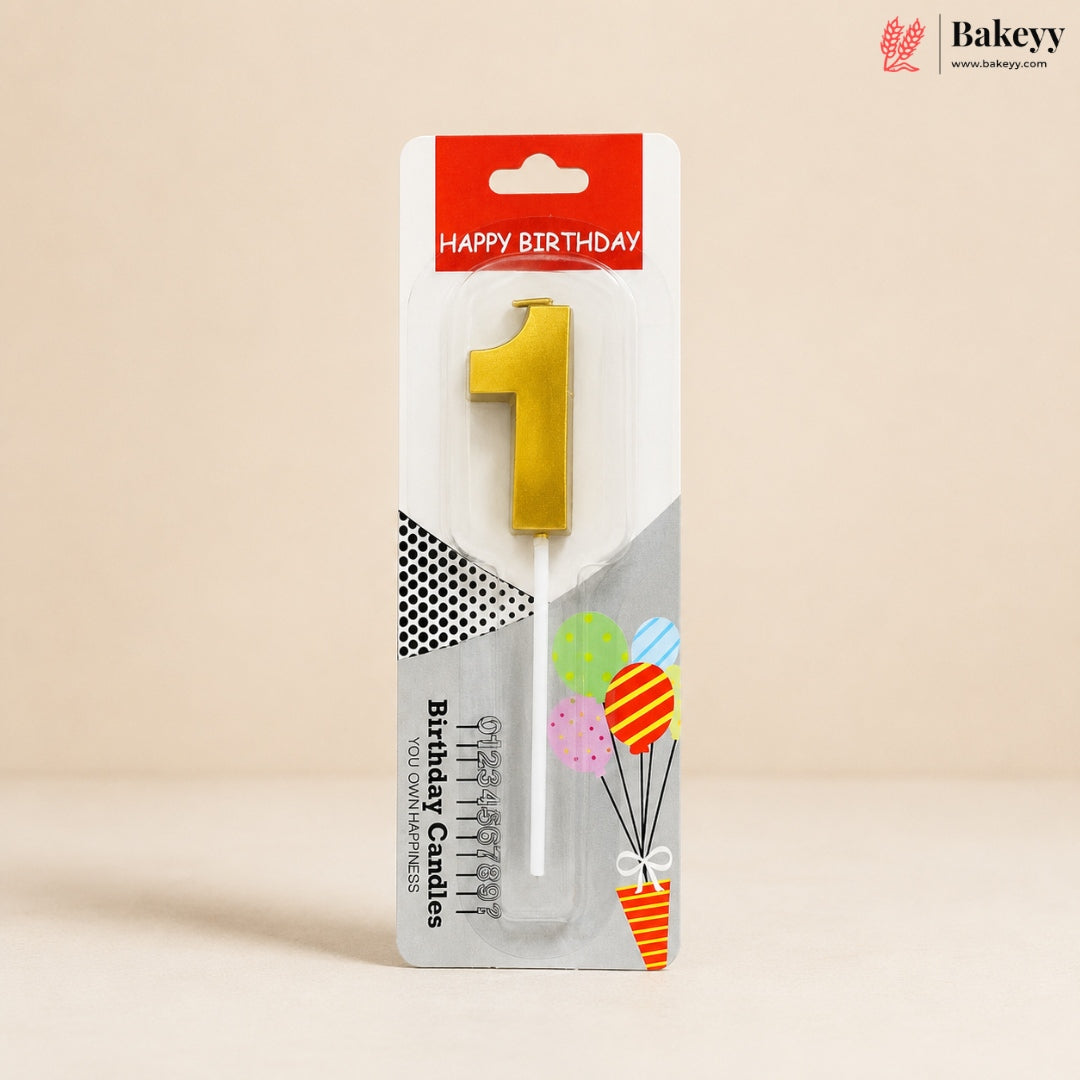 A single yellow number 1 birthday candle in its retail packaging, featuring a red 'HAPPY BIRTHDAY' header and a white card with illustrations of balloons and the text 'Birthday Candles'.