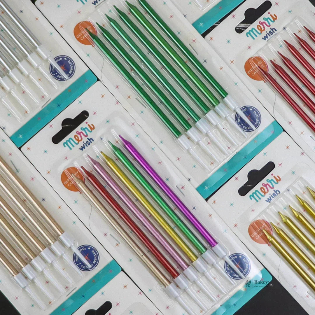Assorted metallic straight birthday cake candles with holders in colorful packaging from Bakeyy.com
